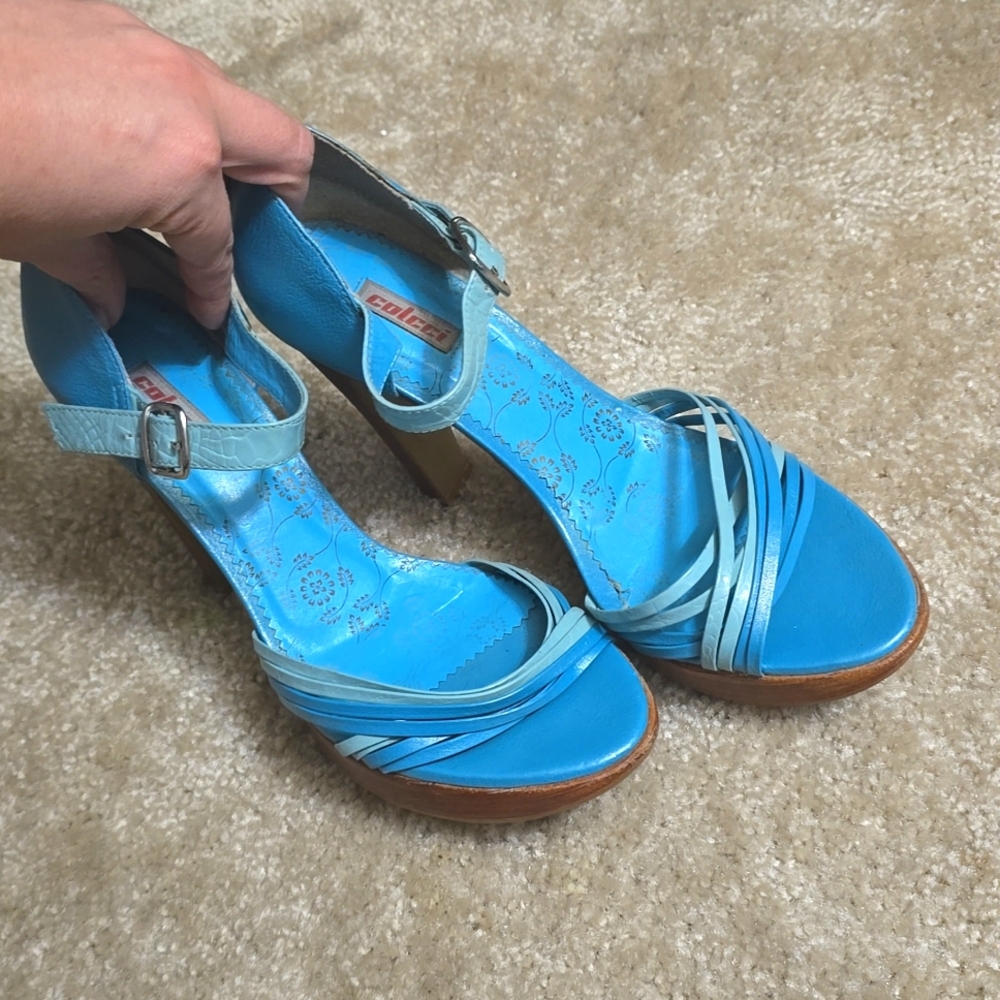 Turquoise and aqua leather strappy heels